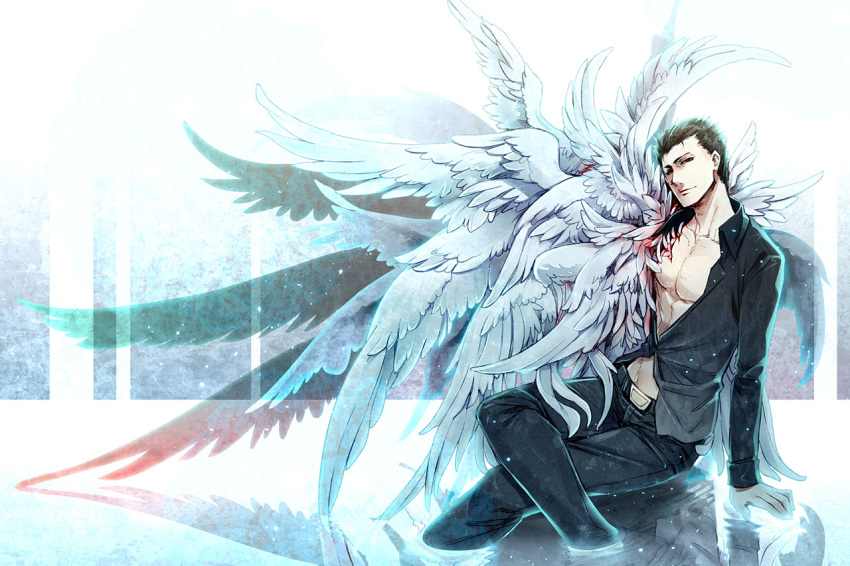 1boy bad_id bad_pixiv_id black_hair el_shaddai koshiro_itsuki lucifel_(el_shaddai) male_focus multiple_wings photoshop_(medium) red_eyes solo wings