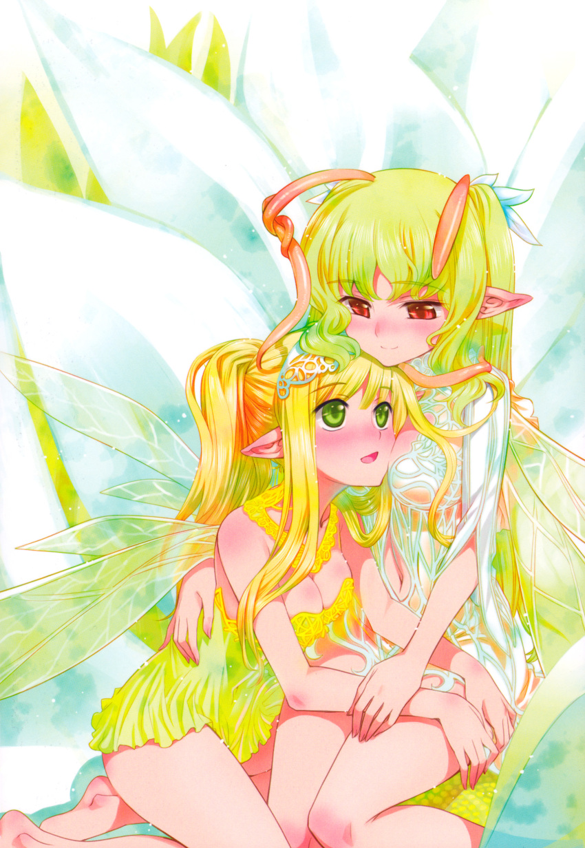 2girls :d absurdres antennae bare_legs blonde_hair blush breasts cleavage fairy fairy_wings green_eyes green_hair highres hug koume_keito light_smile long_hair medium_breasts multiple_girls non-web_source open_mouth original petals photoshop_(medium) pointy_ears red_eyes scan sitting smile wings yuri