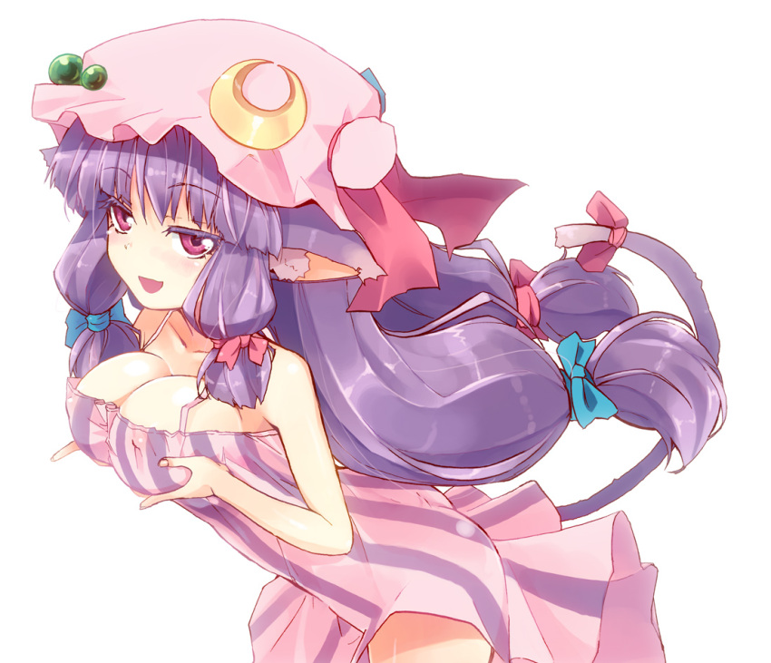 adapted_costume animal_ears bare_shoulders breast_lift breasts cat_ears cat_tail cleavage colored_eyelashes commentary_request covered_nipples crescent eyelashes female hat homura_subaru kemonomimi_mode large_breasts long_hair low-tied_long_hair naughty_face patchouli_knowledge purple_eyes purple_hair revision simple_background smile solo tail touhou white_background