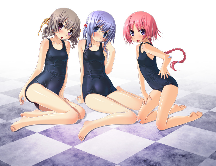 3girls barefoot blue_hair blush braid breasts brown_hair checkered_floor commentary_request feet hair_ornament highres long_hair multiple_girls one-piece_swimsuit open_mouth pink_hair sakuya_tsuitachi school_swimsuit shiny_clothes short_hair small_breasts smile sukumizu_tabehoudai swimsuit wet