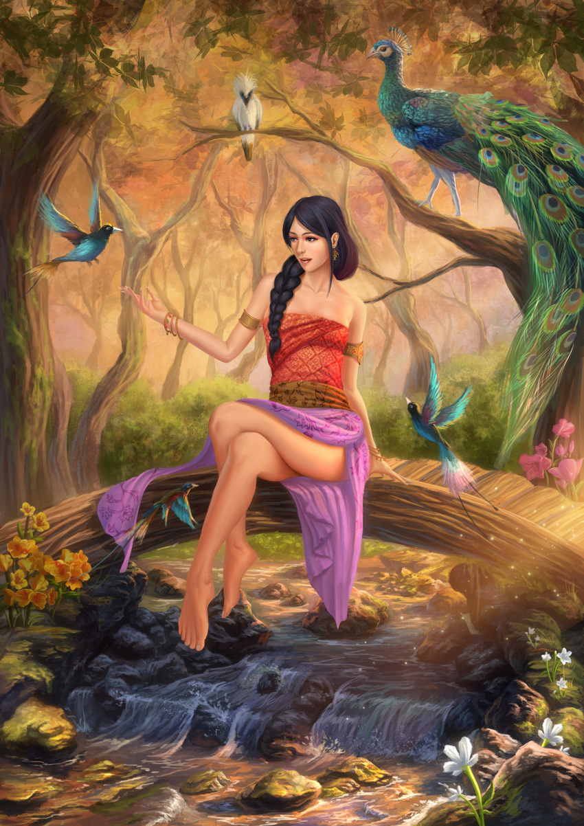 absurdres armlet b03di bare_legs barefoot bird bird_request black_hair bracelet braid branch crossed_legs earrings feet female fingernails flower forest hair_ornament hands highres indonesia jewelry long_hair nature original peacock photoshop_(medium) river rock sash scenery sitting skirt tied_hair toenails water