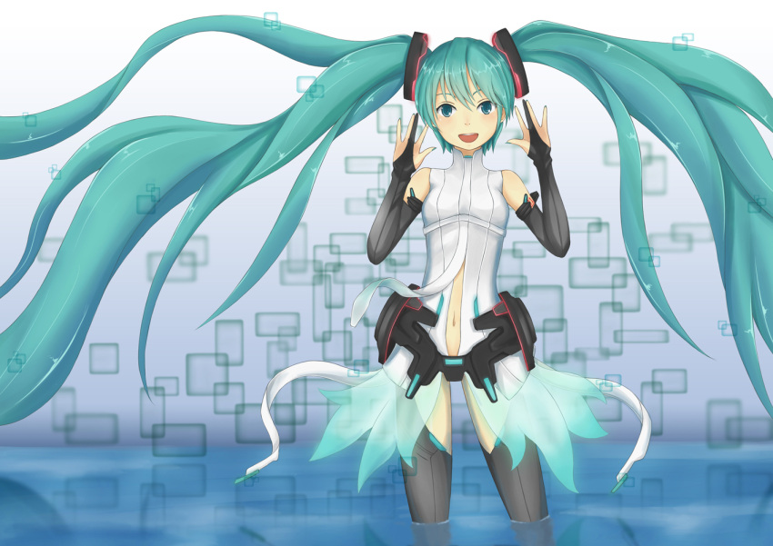 aqua_eyes aqua_hair bad_id bad_pixiv_id bridal_gauntlets female hatsune_miku hatsune_miku_(append) long_hair navel photoshop_(medium) rectangle smile solo very_long_hair vocaloid vocaloid_append wading willgoon