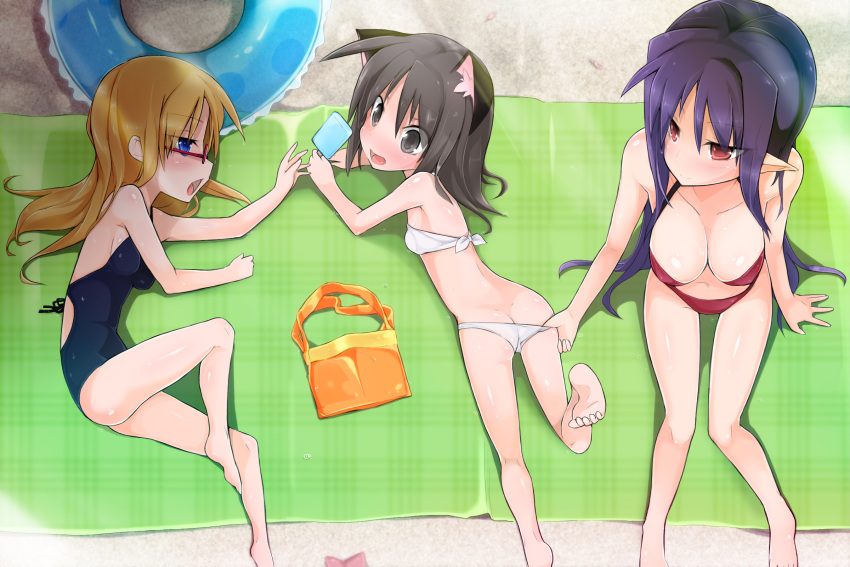 3girls animal_ears barefoot beach bikini blonde_hair blue_eyes blush breasts brown_eyes brown_hair cleavage commentary_request female_pervert food from_above glasses highres innertube long_hair lying medium_breasts morino_donguri multiple_girls navel on_stomach one-piece_swimsuit open_mouth panties panty_pull pervert photoshop_(medium) pointy_ears popsicle purple_hair ragnarok_online red_eyes sand short_hair sitting small_breasts smile swim_ring swimsuit underwear