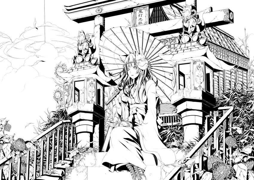 absurdres architecture bad_id bad_pixiv_id bell bouno_satoshi bug candle cloud east_asian_architecture female greyscale highres japanese_clothes jingle_bell kimono ladybug mask monochrome oil-paper_umbrella original solo torii umbrella