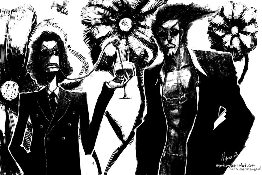 2boys alcohol chains cyborg drinking flower formal franky hand_in_pocket hyrohiku jewelry male male_focus monochrome multiple_boys muscle necklace necktie one_piece open_clothes open_shirt shirt standing straw sunglasses usopp wine wine_glass wineglass