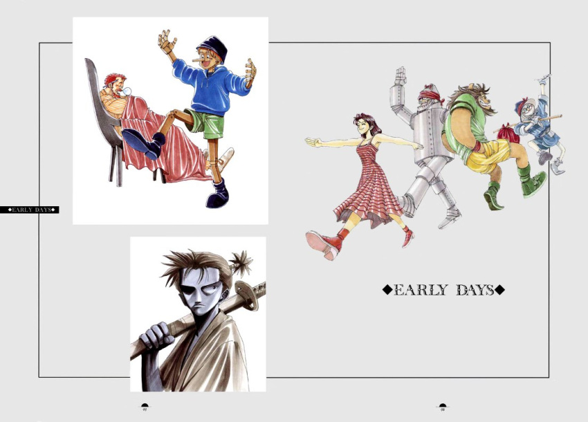 1boy 2boys cowardly_lion dorothy dorothy_gale dress female glasses japanese_clothes lion multiple_boys oda_eiichiro oda_eiichirou one_piece pinocchio puppet ryuuma scarecrow scarecrow_(twooz) sheathed_sword sleeping striped striped_dress sword the_wizard_of_oz tin_man walking wanted! weapon