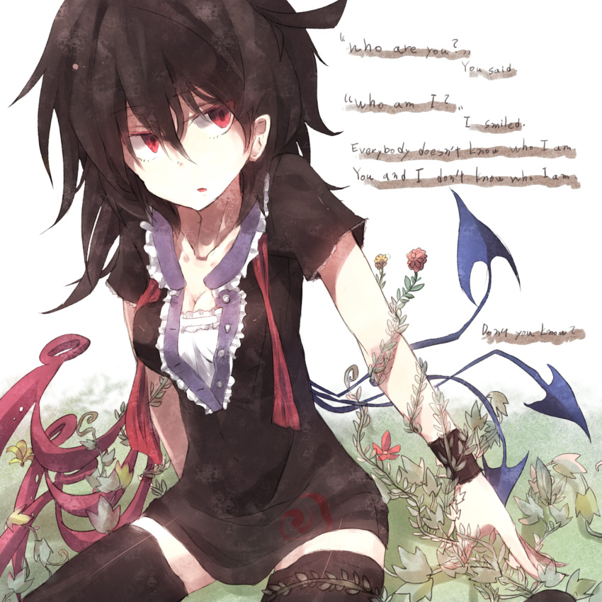 asymmetrical_wings bad_id bad_pixiv_id black_hair black_thighhighs breasts cleavage english_text engrish_text female flower highres hisona_(suaritesumi) houjuu_nue medium_breasts open_mouth plant ranguage red_eyes ribbon short_hair solo thighhighs touhou vines wings wristband zettai_ryouiki