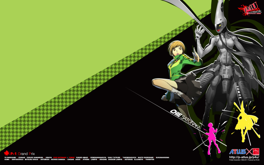 armor bike_shorts persona persona_4 satonaka_chie skirt tomoe_(persona_4) watermark weapon