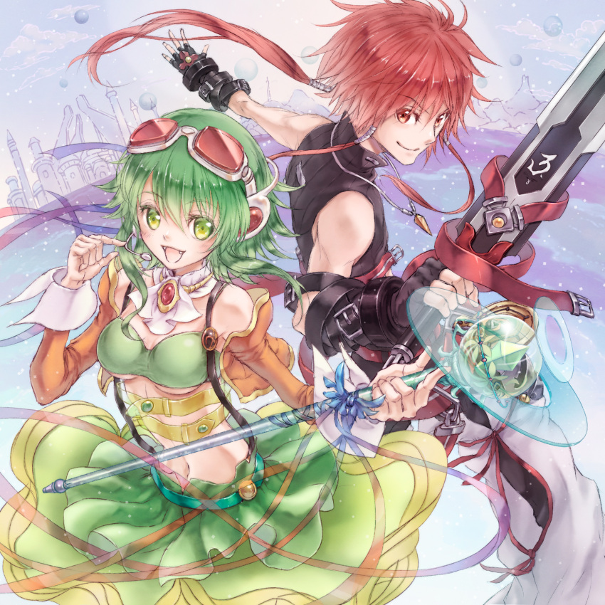 1boy ascot bad_id bad_pixiv_id belt breasts crossover dress elsword elsword_(character) female gloves goggles goggles_on_head green_dress green_eyes green_hair gumi gumi_(v3_megpoid) headphones highres lira_mist medium_breasts pants photoshop_(medium) red_eyes red_hair rune_slayer_(elsword) shoes short_hair skirt smile spiked_hair sword underboob vocaloid wand weapon