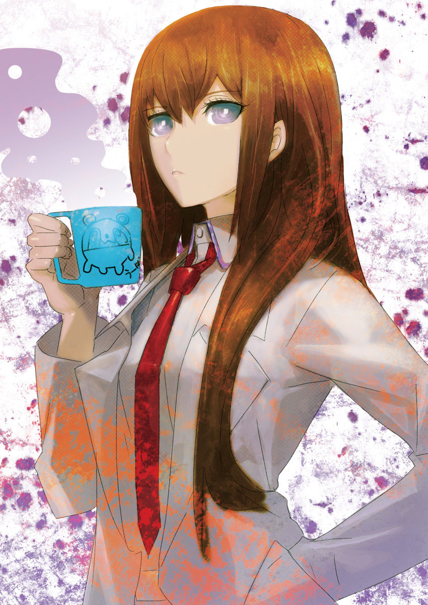 aqua_eyes cup female highres huke lab_coat long_hair makise_kurisu necktie official_art red_necktie solo steins;gate