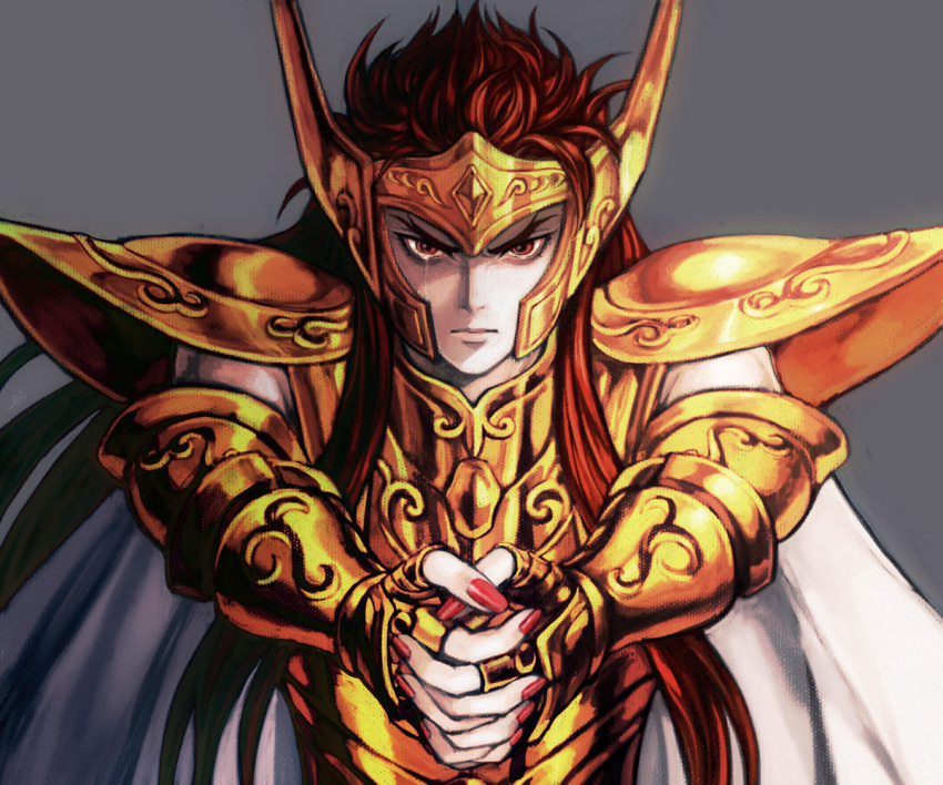 1boy aquarius_camus armor commentary_request gold_armor gold_saint long_hair looking_at_viewer male_focus nail_polish red_eyes red_hair saint_seiya solo tears yohi