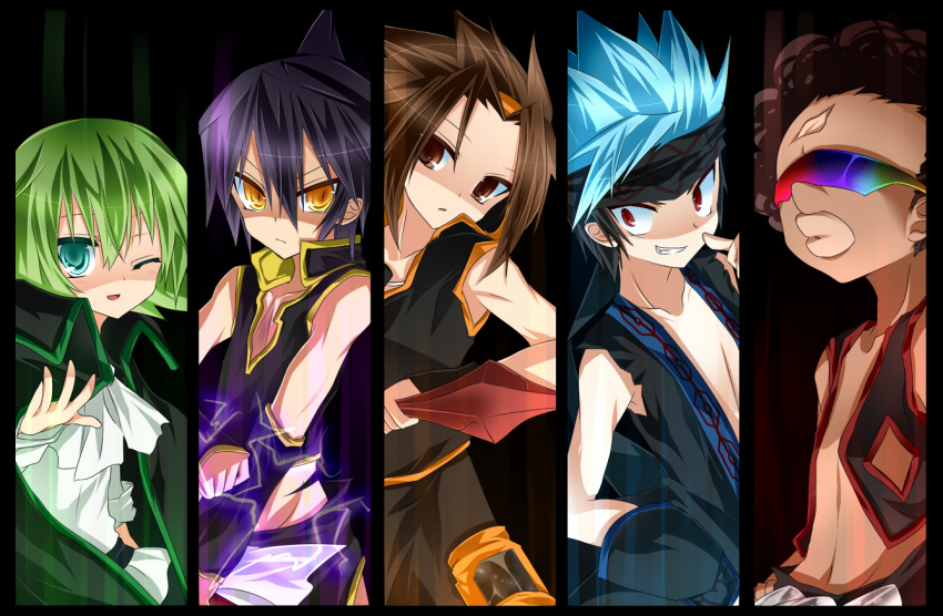 5boys afro asakura_yoh bad_id bad_pixiv_id bandana black_hair blue_hair brown_eyes brown_hair cape chocolove column_lineup green_eyes green_hair grin hairband headphones jewelry lyserg_diethel male_focus multiple_boys one_eye_closed open_mouth purple_hair red_eyes revision shaman_king short_hair smile sunglasses sword tao_ren teeth tetsu_tissue usui_horokeu weapon yellow_eyes