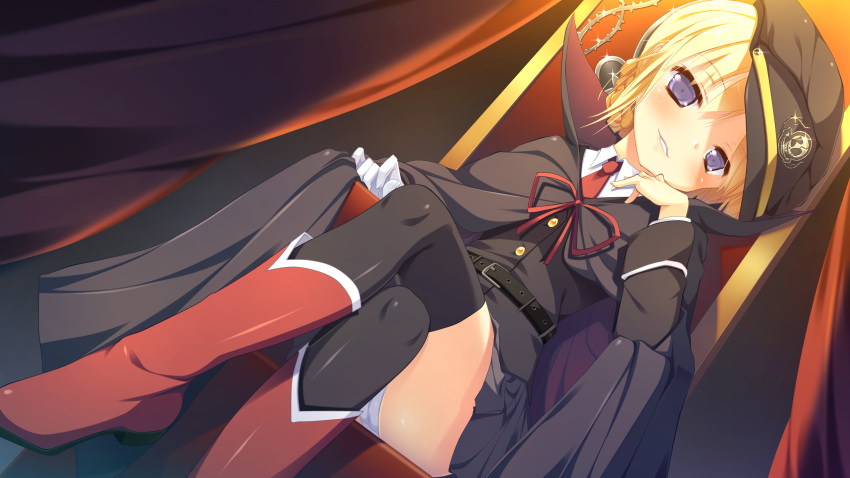 amamoto_louis black_thighhighs blonde_hair blue_eyes blush cape chair crossed_legs female game_cg hat highres looking_at_viewer naka_no_hito_nado_inai! necktie nimura_yuuji panties pantyshot short_hair sitting skirt solo thighhighs underwear uniform white_panties