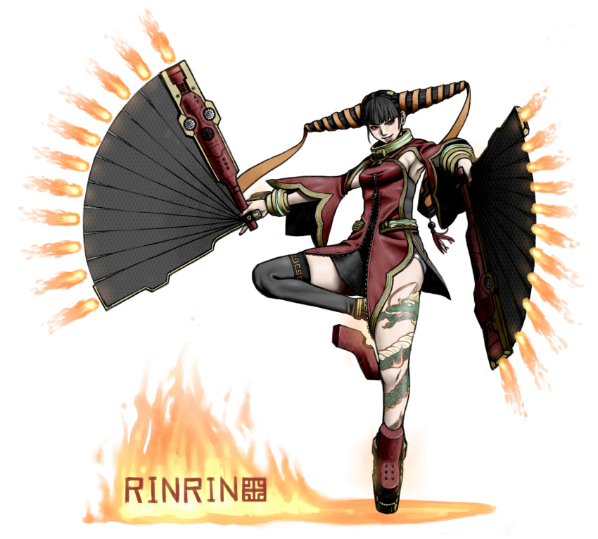 black_hair blunt_bangs character_name commentary_request dual_wielding female fire folding_fan full_body hair_ribbon hakuamu hand_fan highres holding max_anarchy ribbon rin_rin_(max_anarchy) single_thighhigh solo steampunk tattoo thighhighs zipper