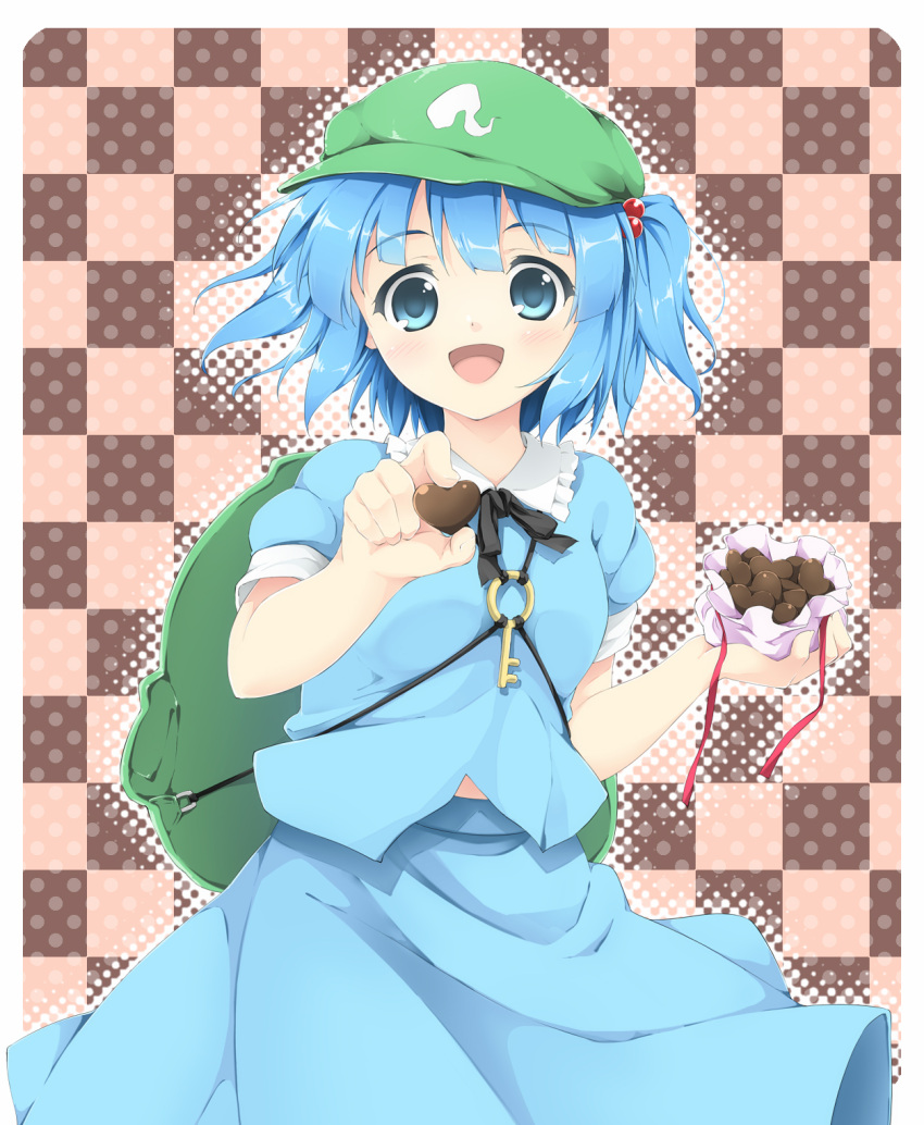 :d backpack bag blue_eyes blue_hair blush candy chocolate commentary_request female food hair_bobbles hair_ornament hat heart heart-shaped_chocolate highres kawashiro_nitori key open_mouth photoshop_(medium) ribbon short_hair skirt skirt_set smile solo takoyaki_(takoyaki-batake) touhou two_side_up