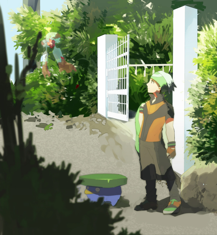 1boy backpack bad_id bad_pixiv_id bag brendan_(pokemon) chimecho fingerless_gloves flower gloves grass hat highres kana0503 lotad outdoors plant pokemon pokemon_(creature) pokemon_rse standing