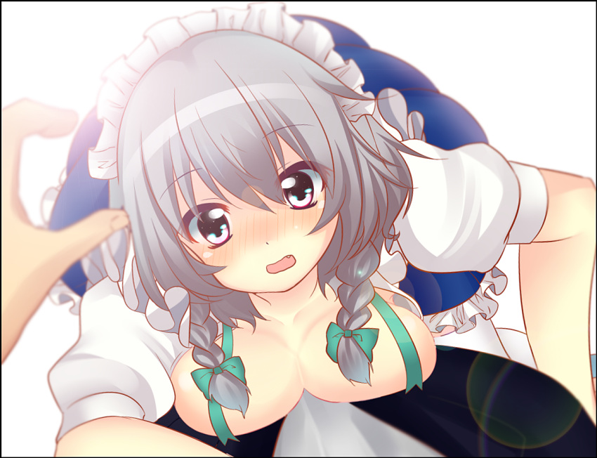 bad_id bad_pixiv_id blush braid breast_press breasts collarbone female grey_eyes grey_hair haruta_(806060) izayoi_sakuya large_breasts looking_at_viewer maid maid_headdress oerba_yun_fang open_mouth puffy_sleeves short_hair short_sleeves solo touhou twin_braids