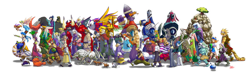 6+boys 6+girls a-tur absurdres animal_ears artist_name bad_id bad_pixiv_id bird blonde_hair blue_hair breath_of_fire breath_of_fire_iv brown_hair canine captain_rasso character_request chicken cray_(breath_of_fire) deis elina_(breath_of_fire) ershin everyone fairy fairy_(breath_of_fire) fou-lu fox_tail general_rhun group_picture hebina_masayoshi highres holding holding_sack korean_clothes litter_(vehicle) mami_(breath_of_fire) momo_(breath_of_fire) multiple_boys multiple_girls nina_(breath_of_fire_iv) oshieta_girl pantyhose rei_(breath_of_fire) ryuu_(breath_of_fire_iv) sack scias shadow signature slime_(creature) tail teepo topless_male ursula_(breath_of_fire) white_hair wings won-qu yuna_(breath_of_fire)