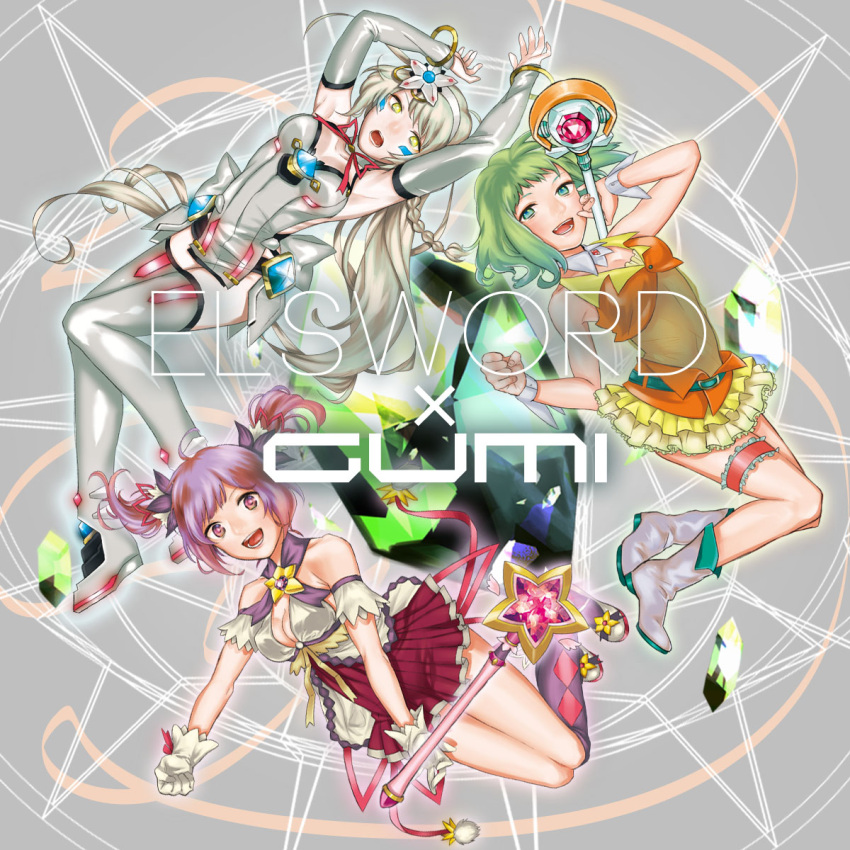 3girls aisha_landar bad_id bad_pixiv_id battle_magician_(elsword) boots character_name circle_formation code:_electra_(elsword) commentary_request copyright_name crossover elsword eve_(elsword) green_hair grey_background gumi hag_(hag_015) highres magical_girl multiple_girls photoshop_(medium) thigh_boots thighhighs vocaloid wand