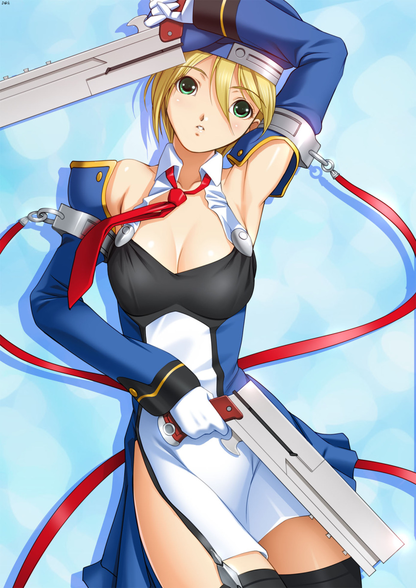 blazblue blonde_hair blue_eyes bolverk breasts cleavage commentary_request dragon@harry dual_wielding female gun handgun highres holding large_breasts noel_vermillion photoshop_(medium) thighhighs weapon