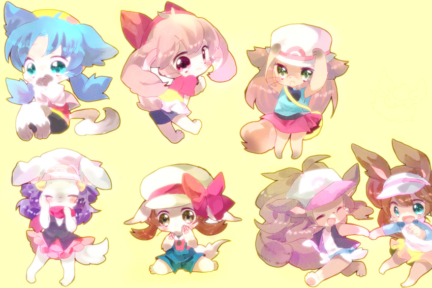 6+girls animal_ears bad_id bad_pixiv_id bandana blue_eyes blue_hair brown_eyes brown_hair closed_eyes dawn_(pokemon) denim denim_shorts double_bun furry furry_female green_eyes hair_bun hat hilda_(pokemon) kris_(pokemon) leaf_(pokemon) lyra_(pokemon) may_(pokemon) multiple_girls nekoto_rina pokemon pokemon_bw pokemon_bw2 pokemon_dppt pokemon_frlg pokemon_gsc pokemon_hgss pokemon_rse purple_hair raglan_sleeves red_eyes rosa_(pokemon) scarf shorts simple_background tail twintails visor_cap