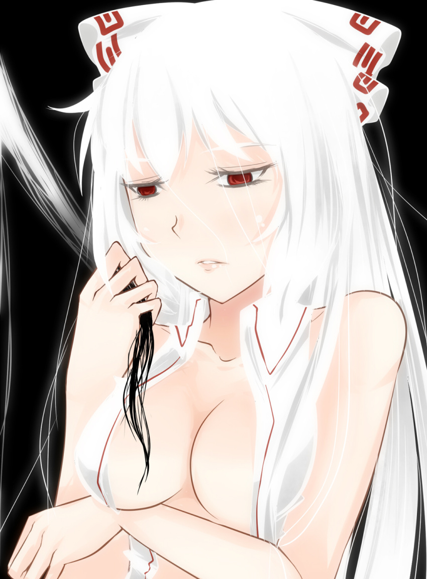 aoshima bare_shoulders bow breast_lift breasts cleavage commentary_request female fujiwara_no_mokou hairbow highres long_hair medium_breasts no_bra open_clothes red_eyes solo touhou very_long_hair white_hair