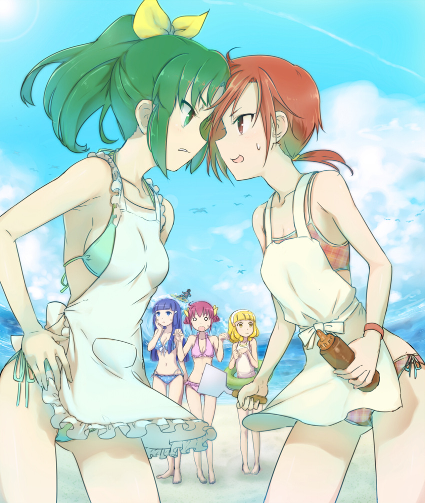 5girls aoki_reika apron beach bikini blonde_hair blue_eyes blue_hair blush bottle commentary_request faceoff green_eyes green_hair hairband hand_on_own_hip highres hino_akane_(smile_precure!) holding hoshizora_miyuki innertube long_hair midorikawa_nao minatsuki_randoseru multiple_girls o_o pink_hair plaid plaid_bikini polka_dot polka_dot_bikini polka_dot_swimsuit ponytail precure red_eyes red_hair sauce short_hair short_ponytail smile_precure spatula squeeze_bottle stare_down surfboard swim_ring swimsuit white_hairband yayoi_kise yellow_eyes