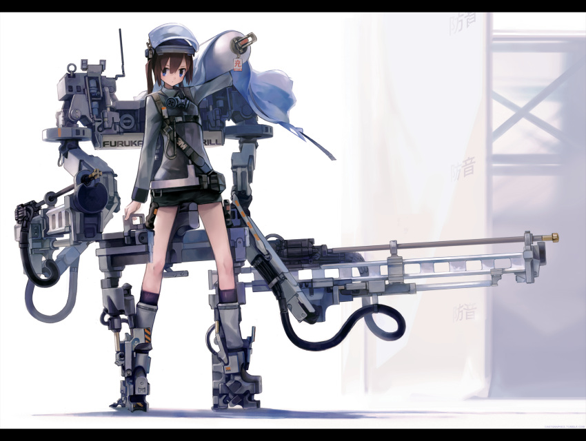 astg bad_id bad_pixiv_id belt black_shorts black_socks blue_eyes brown_hair cable female gun highres kneehighs letterboxed machine original pouch power_suit respirator shadow short_hair short_shorts shorts socks solo tank_(container) twintails visor weapon