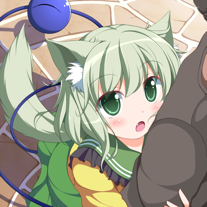 animal_ears blush commentary_request dog_ears female green_eyes green_hair highres kemonomimi_mode komeiji_koishi long_sleeves md5_mismatch nikku_(ra) no_headwear oerba_yun_fang open_mouth short_hair solo third_eye touhou wide_sleeves