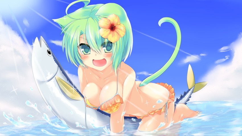 :d ahoge animal_ears bikini blush breasts cat_ears cat_tail cleavage commentary_request dodome-iro_mayonnaise female fish flower frilled_bikini frills green_eyes green_hair hair_flower hair_ornament hibiscus highres large_breasts light_rays looking_at_viewer open_mouth orange_bikini original partially_submerged sharon_(dodomayo) short_hair side-tie_bikini_bottom smile solo sunbeam sunlight swimsuit tail untied water