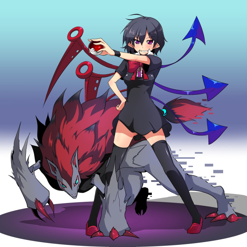 asymmetrical_wings black_hair black_thighhighs blush chipa_(arutana) commentary_request dress female hand_on_own_hip highres houjuu_nue pointy_ears poke_ball pokemon pokemon_(creature) purple_eyes short_hair smile thighhighs touhou wings wristband zettai_ryouiki zoroark