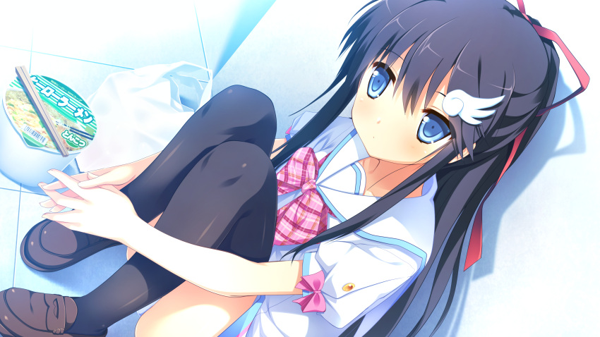 bag black_hair black_thighhighs blue_eyes bow chopsticks cup_ramen female food game_cg hair_ribbon highres hondou_ayano long_hair naka_no_hito_nado_inai! nimura_yuuji noodles panties ramen ribbon school_uniform serafuku sitting solo thighhighs underwear white_panties