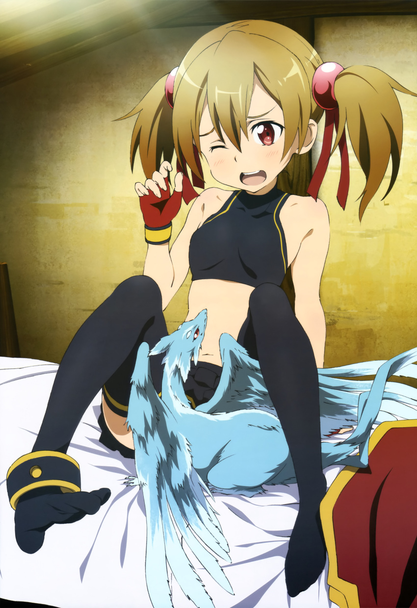 ;d absurdres bare_shoulders bed black_thighhighs brown_hair dragon female fingerless_gloves gloves halterneck highres midriff navel nyantype official_art one_eye_closed open_mouth pina_(sao) pleated_skirt red_eyes scan short_twintails silica sitting skirt smile solo sudou_tomoko sword_art_online thighhighs twintails undersuit undressing