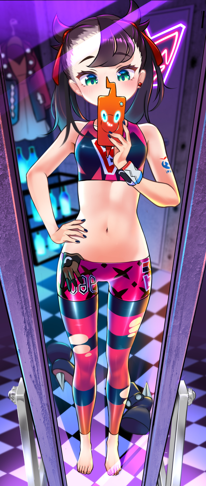 1girls black_crop_top black_hair breasts crop_top dynamax_band earrings gloves green_eyes hand_on_hip high_heel_boots holding_phone leggings marnie_(pokemon) medium_breasts midriff mirror mirror_reflection mirror_selfie navel nintendo painted_fingernails phone pokemon pokemon_ss purple_leggings rotom rotom_phone selfie tattoo tattoo_on_arm tm_(hanamakisan) twintails