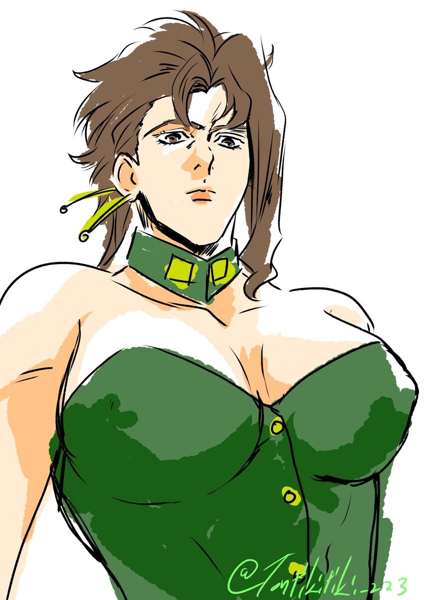 big_breasts brown_eyes brown_hair bunnysuit collar earrings green_clothing jojo's_bizarre_adventure lipstick looking_down_at_viewer masculine_female nipple_bulge noriaki_kakyoin rule_63 stardust_crusaders stardust_crusaders_(ova) white_background