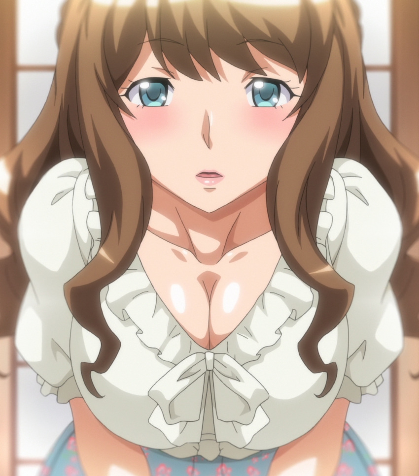 1girls ayami-san big_breasts blue_eyes breast_grab brown_hair bunnywalker ecchi_na_onee-chan_ni_shiboraretai female female_only fringe indoors long_hair mature_female milf screencap screenshot shiny_skin t-rex_(animation_studio)