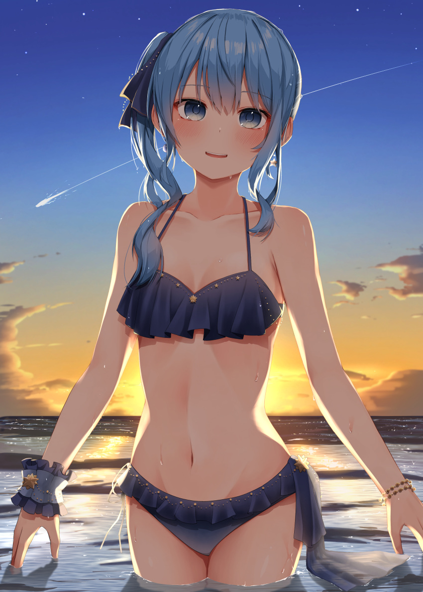 absurdres bare_arms bare_shoulders bikini blue_bikini blue_eyes blue_hair blue_ribbon blush bracelet breasts cloud comet cowboy_shot female hair_ribbon highres hololive hoshimachi_suisei jewelry long_hair looking_at_viewer navel outdoors parted_lips pepushi_drow ribbon side_ponytail sky small_breasts smile solo standing star_(sky) star_(symbol) stomach sunset swimsuit teeth upper_teeth_only virtual_youtuber water wet wrist_cuffs