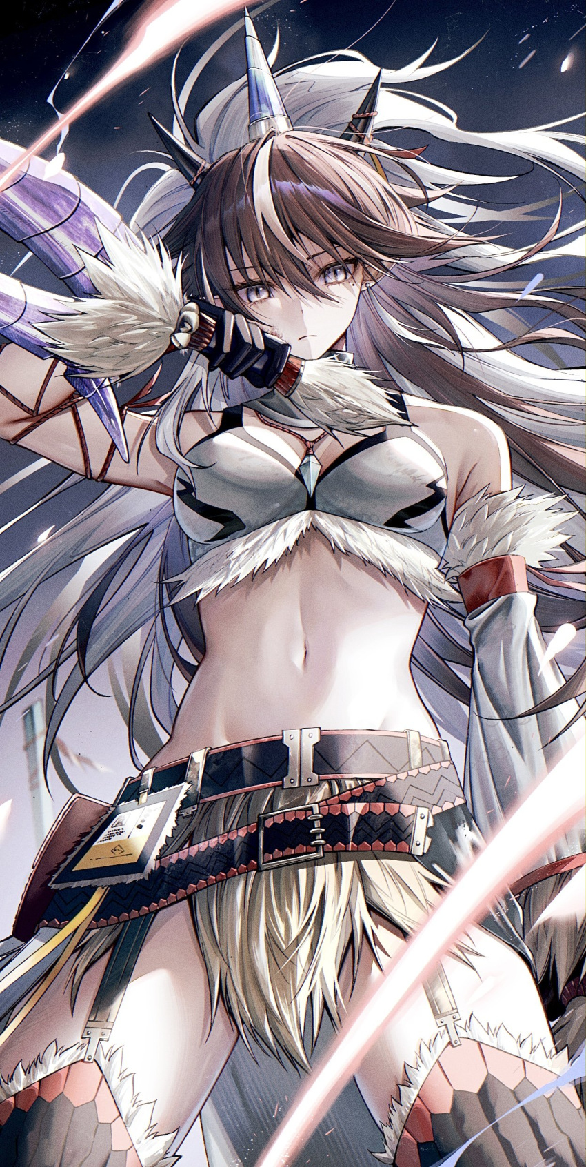 absurdres arknights arm_up arm_warmers bare_shoulders belt belt_buckle black_belt blue_eyes bra brown_hair buckle commentary_request detached_sleeves expressionless fake_horns female fur-trimmed_bra fur_trim garter_straps highres holding holding_weapon horns id_card jewelry kirin_(armor) kirin_r_yato_(arknights) linea_alba long_hair looking_at_viewer mole mole_under_eye monster_hunter_(series) multicolored_hair navel pendant senju_yosiyuki single_arm_warmer single_detached_sleeve single_horn single_sleeve solo standing stomach streaked_hair underwear weapon white_hair yato_(arknights)