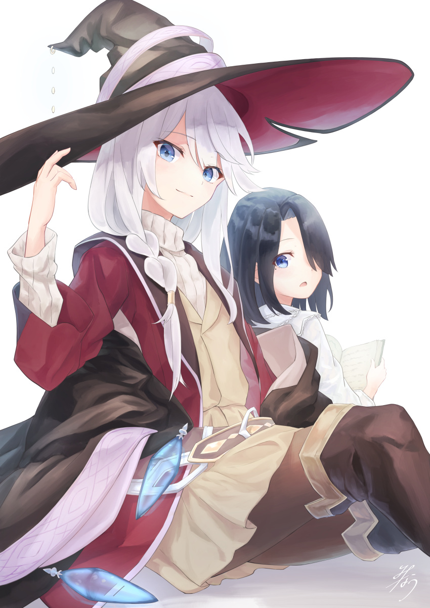 2girls absurdres black_hair blue_eyes book braid brown_legwear commentary flat_chest fran_(majo_no_tabitabi) hair_between_eyes hair_over_one_eye hand_on_headwear hand_up hat highres holding holding_book long_hair long_sleeves looking_at_viewer looking_back majo_no_tabitabi medium_hair minau37 mole mole_under_eye multiple_girls nike_(majo_no_tabitabi) open_mouth pantyhose ribbed_sweater simple_background sitting smile sweater turtleneck turtleneck_sweater white_background white_hair witch_hat