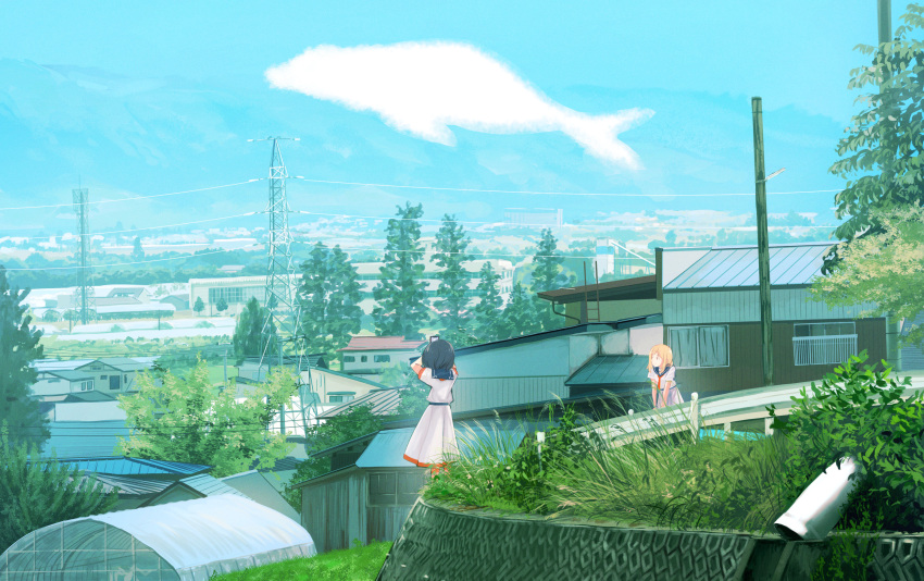 2girls arm_support black_hair blonde_hair building cellphone cityscape cloud commentary_request curtains grass greenhouse hands_up highres house inami_hatoko ladder leaning_forward long_hair looking_to_the_side mountain mountainous_horizon multiple_girls original outdoors phone power_lines railing road rural scenery school_uniform serafuku sky smartphone smile taking_picture tree utility_pole whale