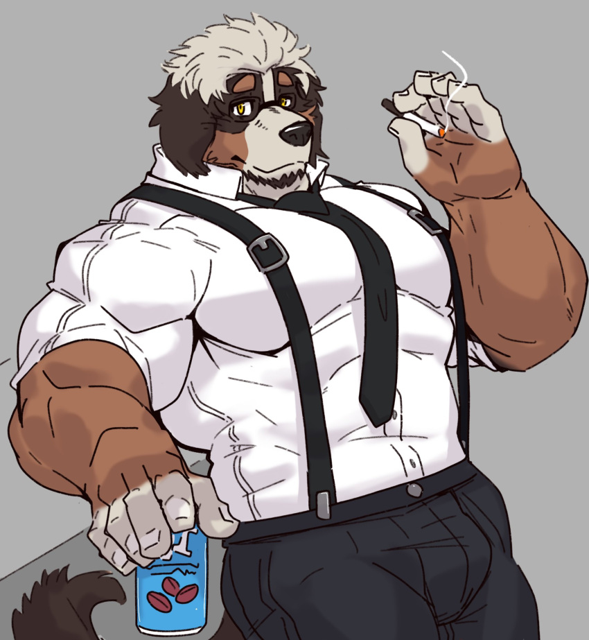 anthro beverage biceps big_muscles canid canine canis cigarette clothing digital_media_(artwork) domestic_dog eyewear facial_hair fur glasses hair hi_res huge_muscles istani male mammal muscular muscular_anthro muscular_male necktie simple_background smoking solo