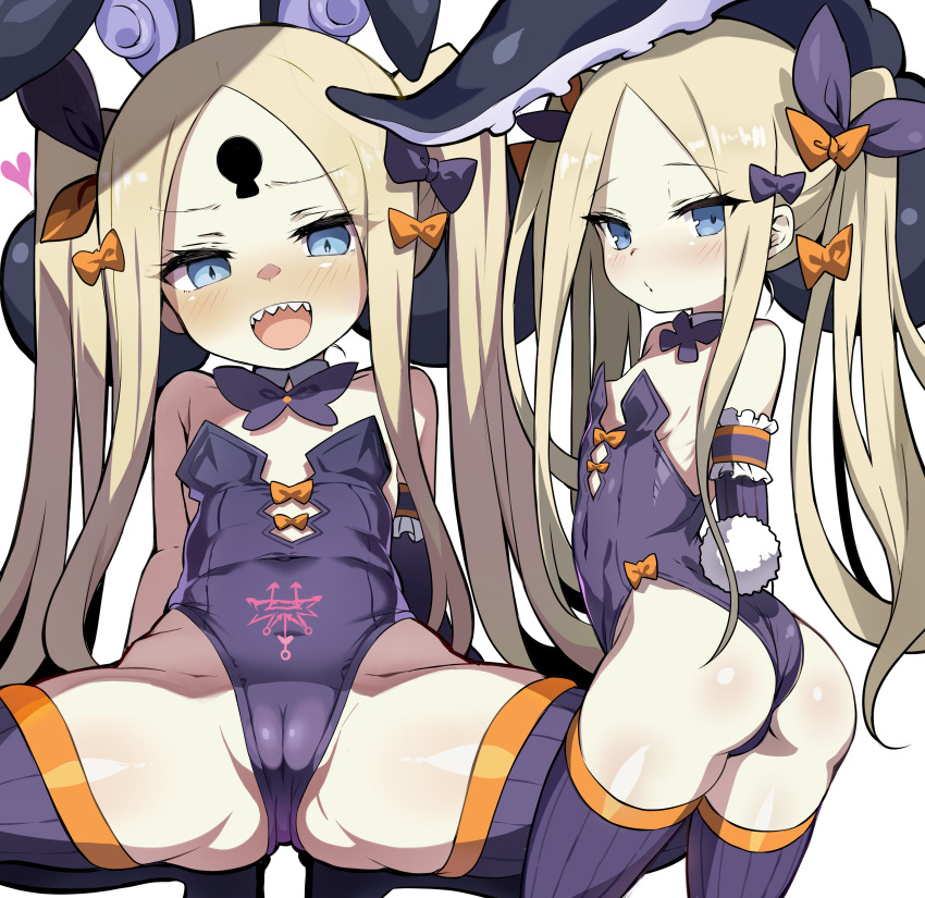 abigail_williams_(fate) absurdres ass black_bow blonde_hair blue_eyes blush bow breasts cameltoe fate/grand_order fate_(series) female forehead hairbow highres long_hair looking_at_viewer multiple_views open_mouth orange_bow parted_bangs shimejinameko sidelocks small_breasts smile twintails