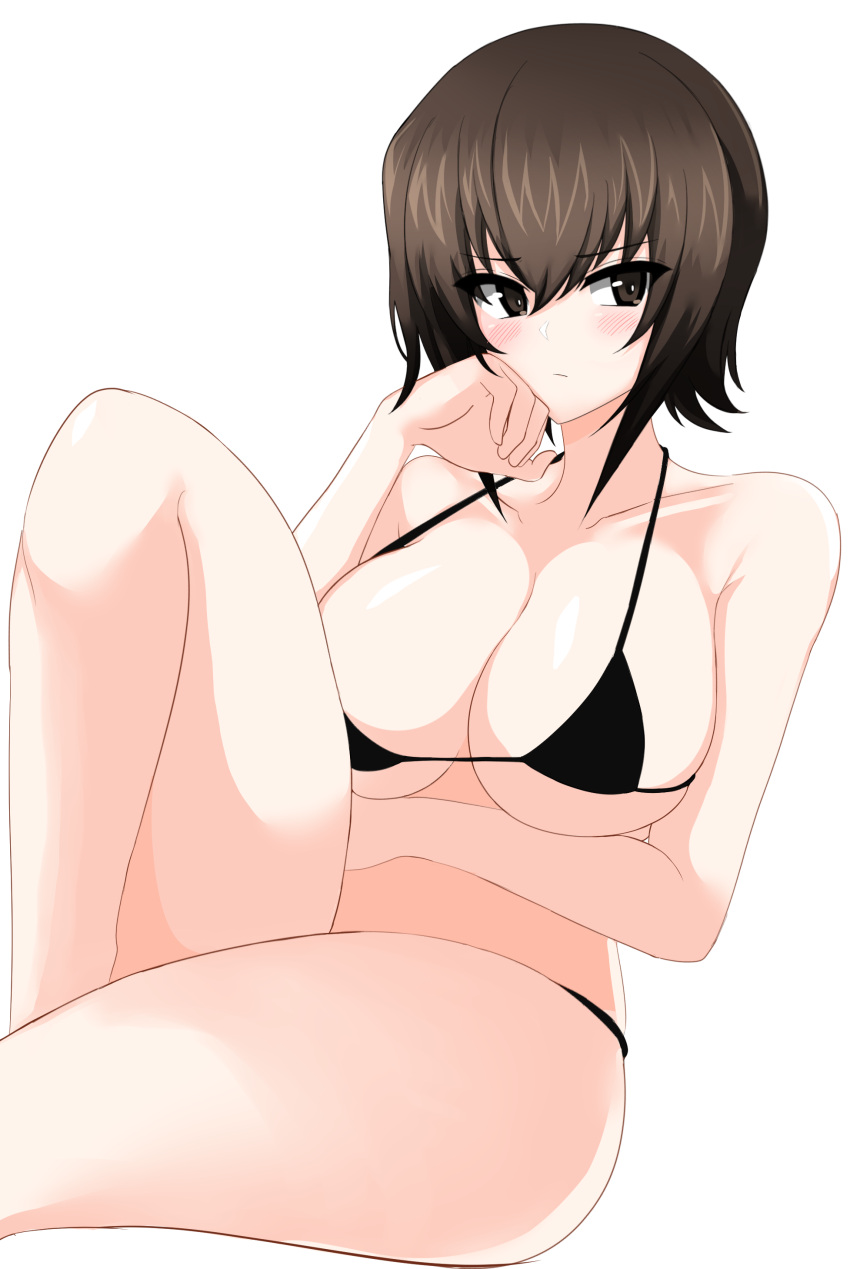 absurdres aikir_(jml5160) arm_under_breasts bare_arms bare_hips bare_legs bare_shoulders bikini black_bikini blush breasts brown_eyes brown_hair cleavage closed_mouth collarbone commentary_request female girls_und_panzer hair_between_eyes hand_on_own_chin highres knee_up large_breasts legs looking_at_viewer micro_bikini nishizumi_maho shiny_skin short_hair simple_background solo string_bikini swimsuit thighs white_background