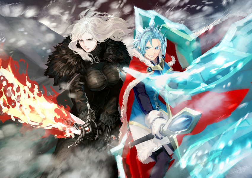 1boy abandoned_star_hyndra absurdres black_gloves blue_hair breasts cape female fighting_stance flaming_sword flaming_weapon fur_trim gloves highres ice large_breasts light_blue_hair looking_at_viewer moyatarou outdoors pale_skin pixiv_fantasia pixiv_fantasia_age_of_starlight red_cape smirk wand white_gloves