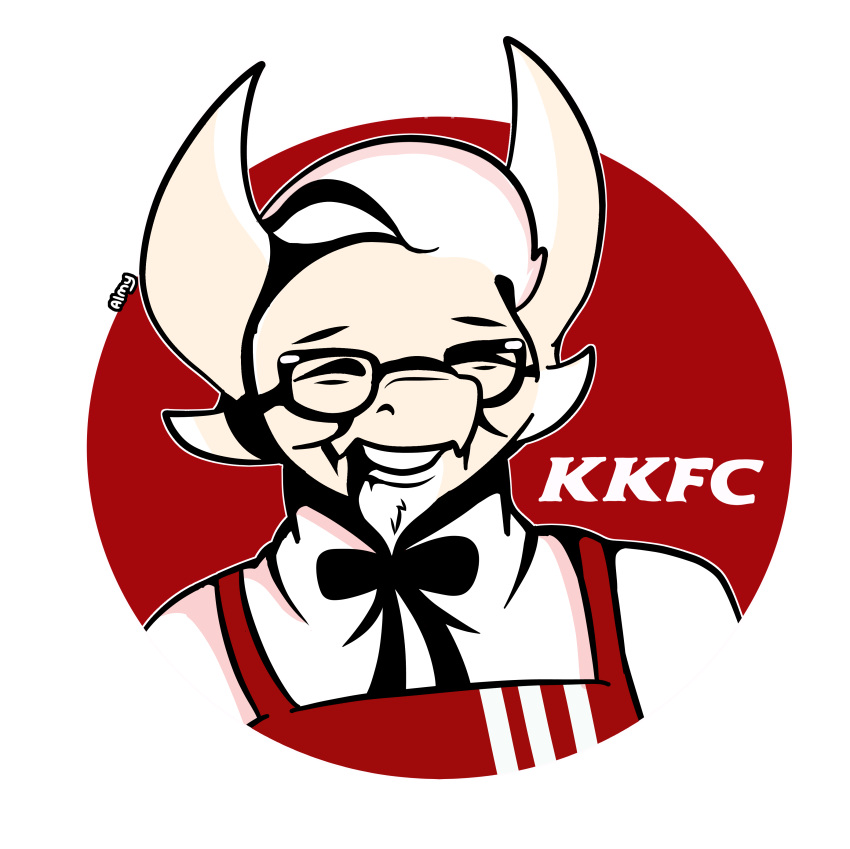 absurd_res almy alpha_channel anthro bow_tie clothing flat_colors hi_res horn kfc kobold logo male meme parody redesign simple_background smile solo suit transparent_background