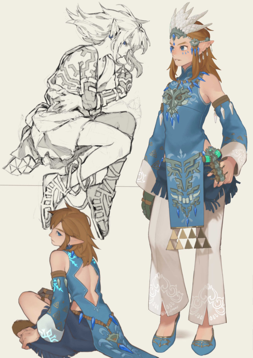 1boy back_cutout bare_shoulders belt blue_eyes blue_footwear blush brown_hair clothing_cutout detached_sleeves feather_hair_ornament feathers frostbite_set_(zelda) full_body hair_ornament highres ivy_(sena0119) link long_hair lying male_focus multiple_views official_alternate_costume on_side pants pointy_ears shoes sitting smile standing the_legend_of_zelda the_legend_of_zelda:_tears_of_the_kingdom white_pants