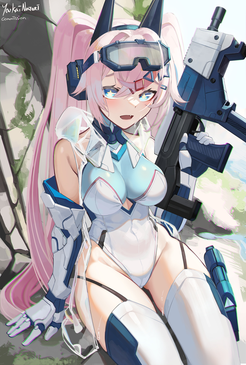 :d arm_support bare_shoulders blue_eyes blue_hairband breasts commentary_request commission copyright_request covered_navel diamond_hair_ornament elbow_gloves feet_out_of_frame female gloves goggles goggles_on_head groin gun hair_between_eyes hair_ornament hairband hand_up handgun highleg highleg_leotard highres holding holding_gun holding_weapon large_breasts leotard long_hair looking_at_viewer mecha_musume natori_youkai oerba_yun_fang outdoors pink_hair ponytail signature sitting smile solo star-shaped_pupils star_(symbol) star_hair_ornament submachine_gun symbol-shaped_pupils thighhighs triangle_hair_ornament trigger_discipline very_long_hair virtual_youtuber weapon white_gloves white_leotard white_thighhighs