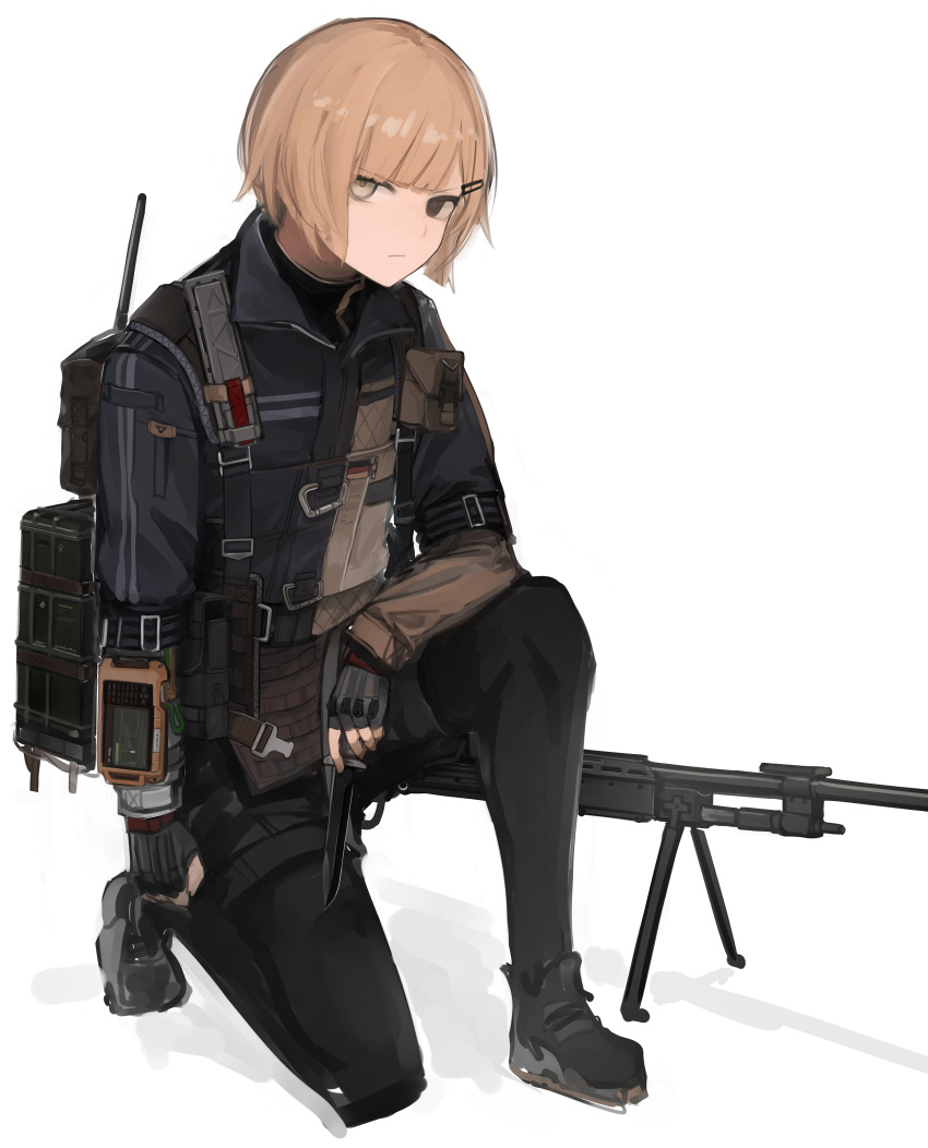 absurdres bipod black_eyes black_footwear black_pantyhose black_shorts blonde_hair blunt_bangs closed_mouth female fingerless_gloves full_body girls'_frontline gloves gun hair_ornament hairclip heterochromia highres jacket knife looking_at_viewer machine_gun mg338_(girls'_frontline) on_one_knee pantyhose rampart1028 shadow shoes short_hair shorts sig_mg338 sig_sauer solo tactical_clothes weapon white_background white_eyes