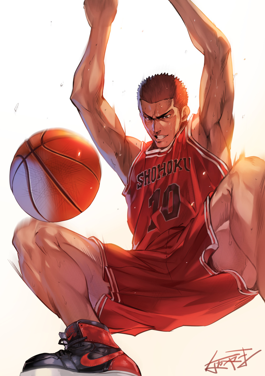 1boy absurdres ball basketball basketball_(object) basketball_uniform commentary_request from_below grin highres jumping male_focus muscular muscular_male nakayama_yuuji nike_(company) red_hair sakuragi_hanamichi shorts signature simple_background slam_dunk_(basketball) slam_dunk_(series) smile solo sportswear sweat white_background