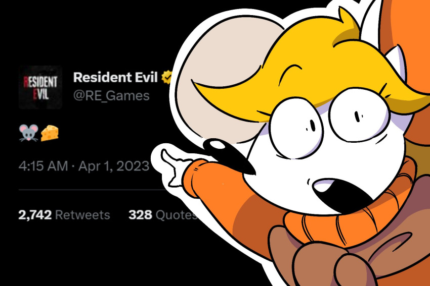 2023 3:2 alternate_species anthro ashley_graham_(resident_evil) blonde_hair buckteeth capcom emoji english_text female floppysquared fur furrification gesture hair hand_gesture hi_res mammal meme meta mouse moushley murid murine pointing resident_evil rodent shitpost solo teeth text twitter two_soyjaks_pointing white_body white_fur